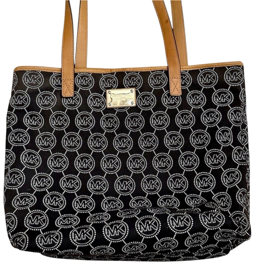 Michael Kors Navy and White Tote Bag 12”x16” Canvas and Leather Tan Straps